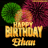 A captivating GIF with bursts of green, pink, and orange fireworks lighting up the night sky, accompanied by 'Happy Birthday Ethan' in glowing golden text.