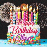 A lively happy birthday animated GIF showcasing a colorful birthday cake covered in sprinkles, topped with glowing candles, and surrounded by vibrant fireworks. The name 'Ethan' is featured in elegant script.