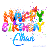 Animated GIF with colorful, festive 'Happy Birthday Ethan' text decorated with patterns, a party hat, and falling confetti. A vibrant and cheerful design for birthday celebrations.
