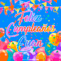 A vibrant animated GIF with 'Feliz Cumpleaños Euan' written in colorful script, surrounded by balloons, confetti, and bunting on a bright blue background.