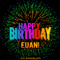 A colorful animated GIF featuring the text 'Happy Birthday Euan!' in rainbow colors with a dynamic iridescent firework display in the background.