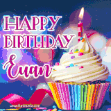 A festive animated GIF featuring a colorful cupcake with a single lit candle, sprinkles, and 'Happy Birthday Euan' text against a sparkling, celebratory background.