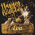 Celebrate Eva's birthday with a GIF featuring chocolate cake, a lit sparkler, and golden stars
