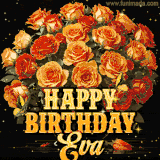 Animated bouquet of orange roses with moving butterfles and golden 'Happy Birthday Eva' text, surrounded by sparkling accents and a dark backdrop for a luxurious feel.