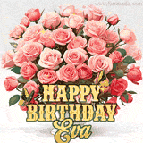 Golden 'Happy Birthday Eva' text beneath a vibrant bouquet of orange roses, complete with glittering butterflies and sparkling details.