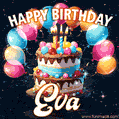 Hand-drawn happy birthday cake adorned with an arch of colorful balloons - name GIF for Eva
