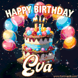 Bright birthday animation for Eva with a chocolate cake, candles, balloons, and glowing celebratory lights.