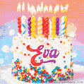 Personalized for Eva elegant birthday cake adorned with rainbow sprinkles, colorful candles and glitter