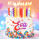A cheerful white birthday cake with multicolor sprinkles, lit candles, and 'Eva' written in vibrant letters, in an animated GIF.