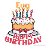 Cartoon birthday cake with a red bow, glowing candles, and 'Eva Happy Birthday' text in bold animated style.