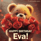 Cinematic style cute animated teddy bear with charming features holding a large bouquet of red roses, the words say 'Happy Birthday Eva' in sans serif font.