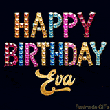 Vibrant luxury birthday greeting card for Eva, showing glittering gemstone letters and golden calligraphy on a dark background with twinkling shine effects.
