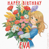 Bright floral birthday animation for Eva showing a cute cartoon girl with golden hair and expressive eyes holding a huge bouquet, surrounded by birthday text.