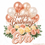 Beautifully animated Happy Birthday Eva e-card with rose gold decorations