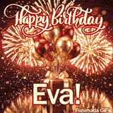 An animated birthday card featuring a red present under a sky filled with exploding gold fireworks, personalized for Eva.