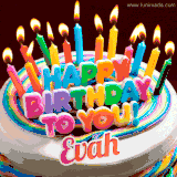 A colorful birthday cake topped with lit candles, with the words 'Happy Birthday Evah' in bold glowing letters on a burgundy background. Animated flames add a festive touch.