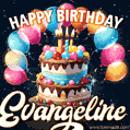 Hand-drawn happy birthday cake adorned with an arch of colorful balloons - name GIF for Evangeline