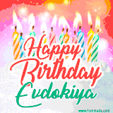 Bright birthday candles with rainbow flames on a cake, alongside the text 'Happy Birthday Evdokiya' in vibrant script in this celebratory animated GIF.