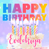 A vibrant animated name GIF with the words 'Happy Birthday Evdokiya' with colorful candles on a creamy cake. The background sparkles with pastel shades, adding a festive touch.