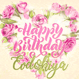 A stunning heart made of pink roses surrounds the elegant script text 'Happy Birthday Evdokiya' on a soft beige background. Animated sparkles add a magical and festive feel.