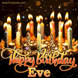 A glowing personalized birthday GIF with name Eve featuring lit candles with intricate designs, warm lighting, and the text 'Happy Birthday' in an elegant font.