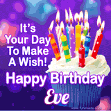 A colorful birthday GIF for Eve featuring a cupcake with vibrant lit candles and the text 'It's Your Day to Make a Wish! Happy Birthday Eve' in bold letters on a festive purple background.
