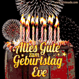 A chocolate birthday cake with glowing candles, the German text 'Alles Gute zum Geburtstag Eve,' and vibrant fireworks lighting up the background in an animated GIF.