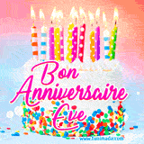 A white birthday cake covered in colorful sprinkles, topped with bright candles, and French text 'Bon Anniversaire Eve' on a pastel gradient background in an animated GIF.