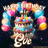 Bright birthday animation for Eve with a chocolate cake, candles, balloons, and glowing celebratory lights.