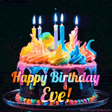 A mesmerizing animated cake with multicolor frosting and candles, and the words 'Happy Birthday Eve' on the black background.