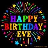 Personalized greeting card with name, colorful text that says 'Happy Birthday Eve' surrounded by animated fireworks and multicolor stars