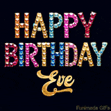 Vibrant luxury birthday greeting card for Eve, showing glittering gemstone letters and golden calligraphy on a dark background with twinkling shine effects.