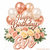 Seamlessly looping Happy Birthday Eve wish with pastel flowers and balloons