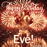 Close-up of a luxurious red gift box with a wide golden ribbon and metallic balloons around the base of the fireworks and name Eve