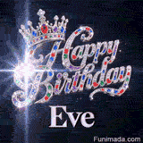 A luxury silver queen tiara with colorful gemstones sitting on top of sparkly diamond cursive letters spelling Happy Birthday Eve.