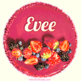 Beautifully decorated red velvet berry birthday cake with vibrant fruits and a glowing 'Evee' name, adding a touch of sweetness and sparkle.
