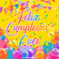 A bright and festive GIF with the text 'Feliz Cumpleaños Evee' in Spanish in colorful fonts, surrounded by confetti, balloons, and festive banners on a vibrant yellow background.