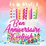 A white birthday cake covered in colorful sprinkles, topped with bright candles, and French text 'Bon Anniversaire Eveleigh' on a pastel gradient background in an animated GIF.