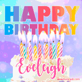 A vibrant animated name GIF with the words 'Happy Birthday Eveleigh' with colorful candles on a creamy cake. The background sparkles with pastel shades, adding a festive touch.