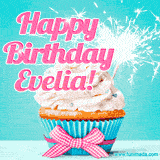 A festive cupcake with pink icing, a gingham bow, and a lit animated sparkler, paired with 'Happy Birthday Evelia!' in bright pink text.