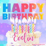 A vibrant animated name GIF with the words 'Happy Birthday Evelin' with colorful candles on a creamy cake. The background sparkles with pastel shades, adding a festive touch.