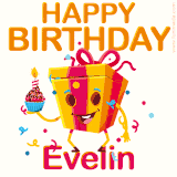 A vibrant and funny gift box character with a happy face dancing with a cupcake and the text 'Happy Birthday Evelin,' surrounded by animated confetti and party vibes.