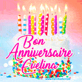A white birthday cake covered in colorful sprinkles, topped with bright candles, and French text 'Bon Anniversaire Evelina' on a pastel gradient background in an animated GIF.