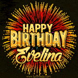 Golden 'Happy Birthday Evelina' text accompanied by animated rainbow fireworks for a festive animated greeting.