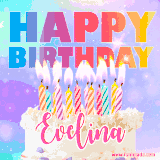 A vibrant animated name GIF with the words 'Happy Birthday Evelina' with colorful candles on a creamy cake. The background sparkles with pastel shades, adding a festive touch.