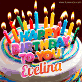 A colorful birthday cake topped with lit candles, with the words 'Happy Birthday Evelina' in bold glowing letters on a burgundy background. Animated flames add a festive touch.