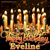 A glowing personalized birthday GIF with name Eveline featuring lit candles with intricate designs, warm lighting, and the text 'Happy Birthday' in an elegant font.
