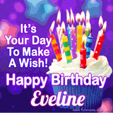 A colorful birthday GIF for Eveline featuring a cupcake with vibrant lit candles and the text 'It's Your Day to Make a Wish! Happy Birthday Eveline' in bold letters on a festive purple background.