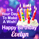 A colorful birthday GIF for Evelyn featuring a cupcake with vibrant lit candles and the text 'It's Your Day to Make a Wish! Happy Birthday Evelyn' in bold letters on a festive purple background.