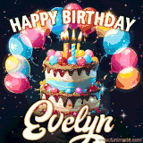 Bright birthday animation for Evelyn with a chocolate cake, candles, balloons, and glowing celebratory lights.